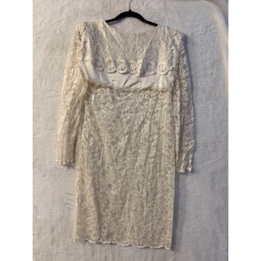 Vintage Ivory Floral Lace Mini Dress Oversized Sailor Collar Long Sleeve Cream